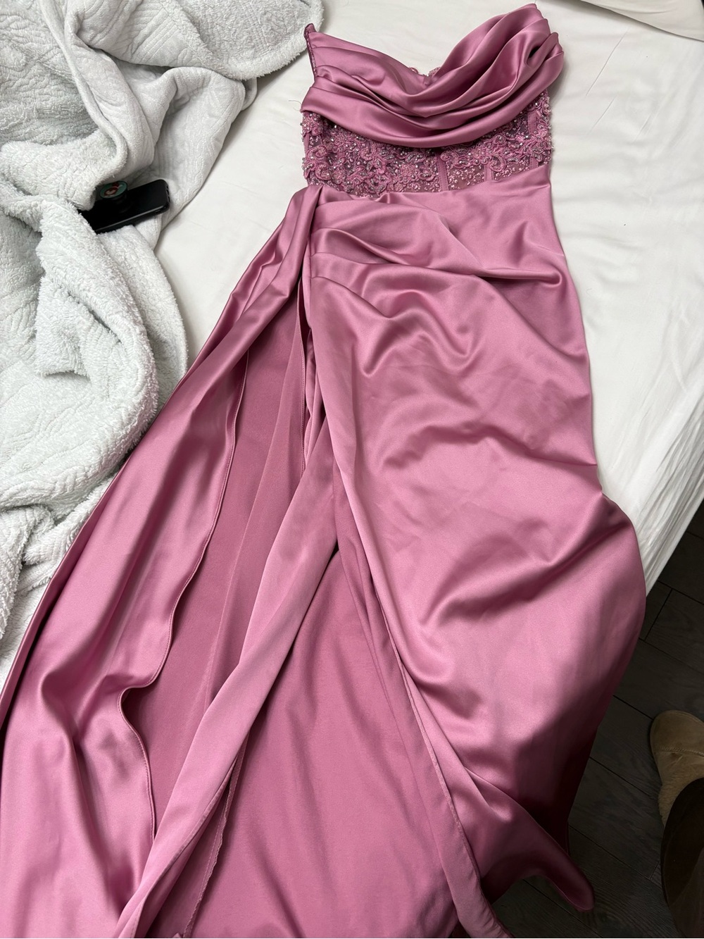 Strapless Pink Satin Evening Gown with Lace Bodice - Picture 3 of 3